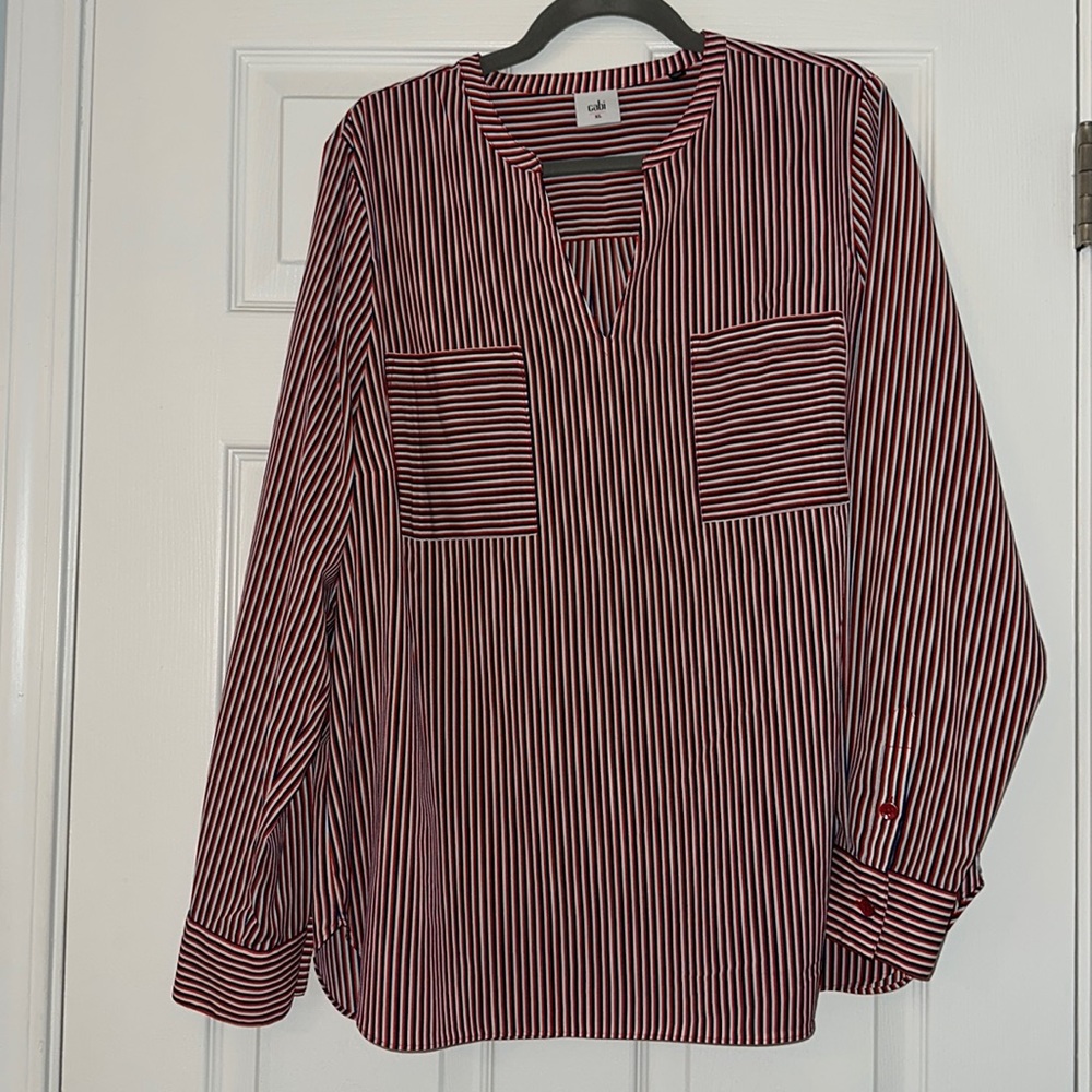 Cabi XL Long sleeve navy blue, red and white striped button down